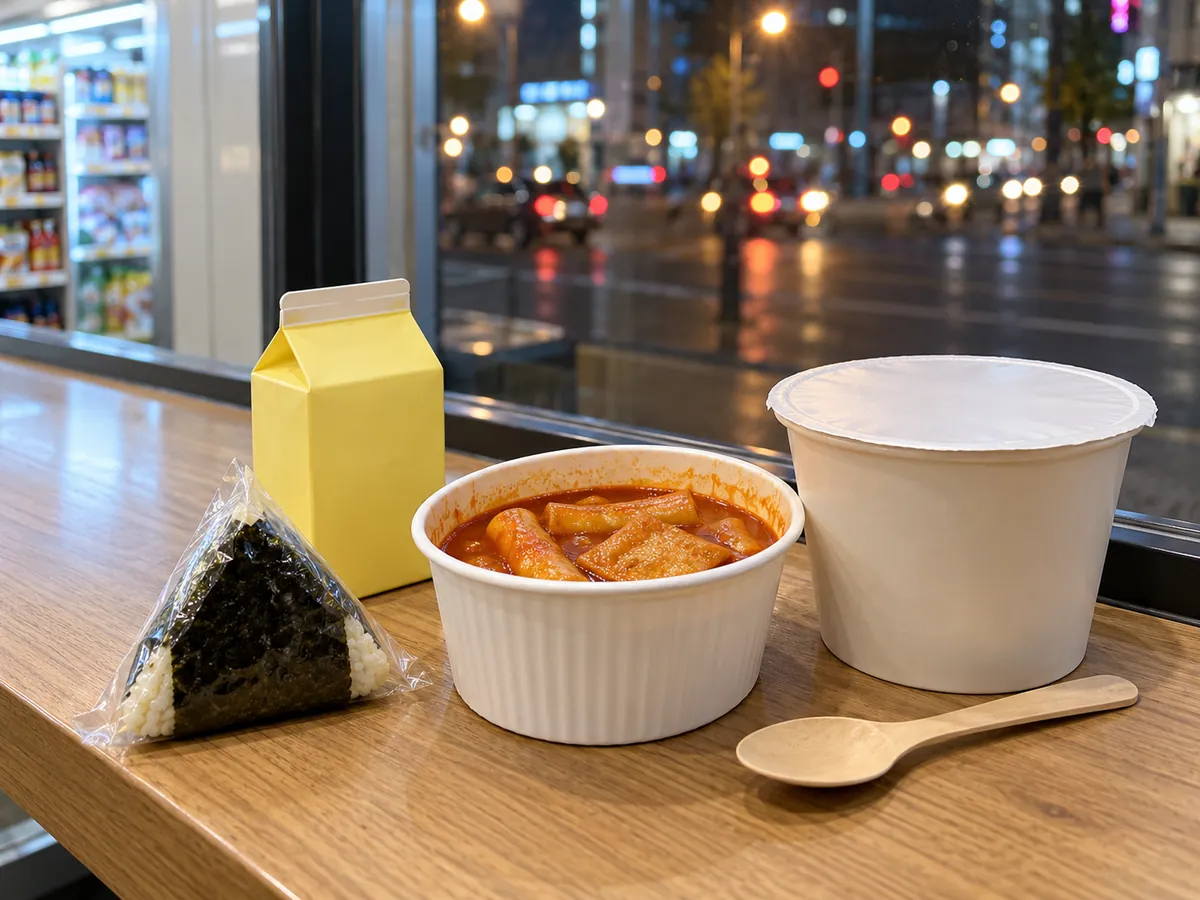 Triangle rice ball, cup tteokbokki and banana-flavored milk on a store counter (AI illustration)