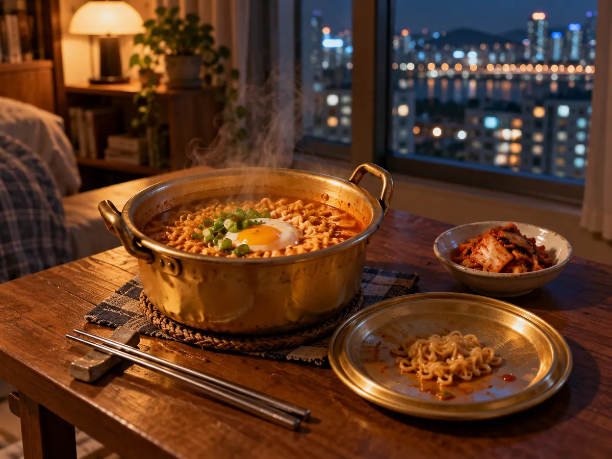 Pot of instant ramyeon with egg at a night window (AI illustration)