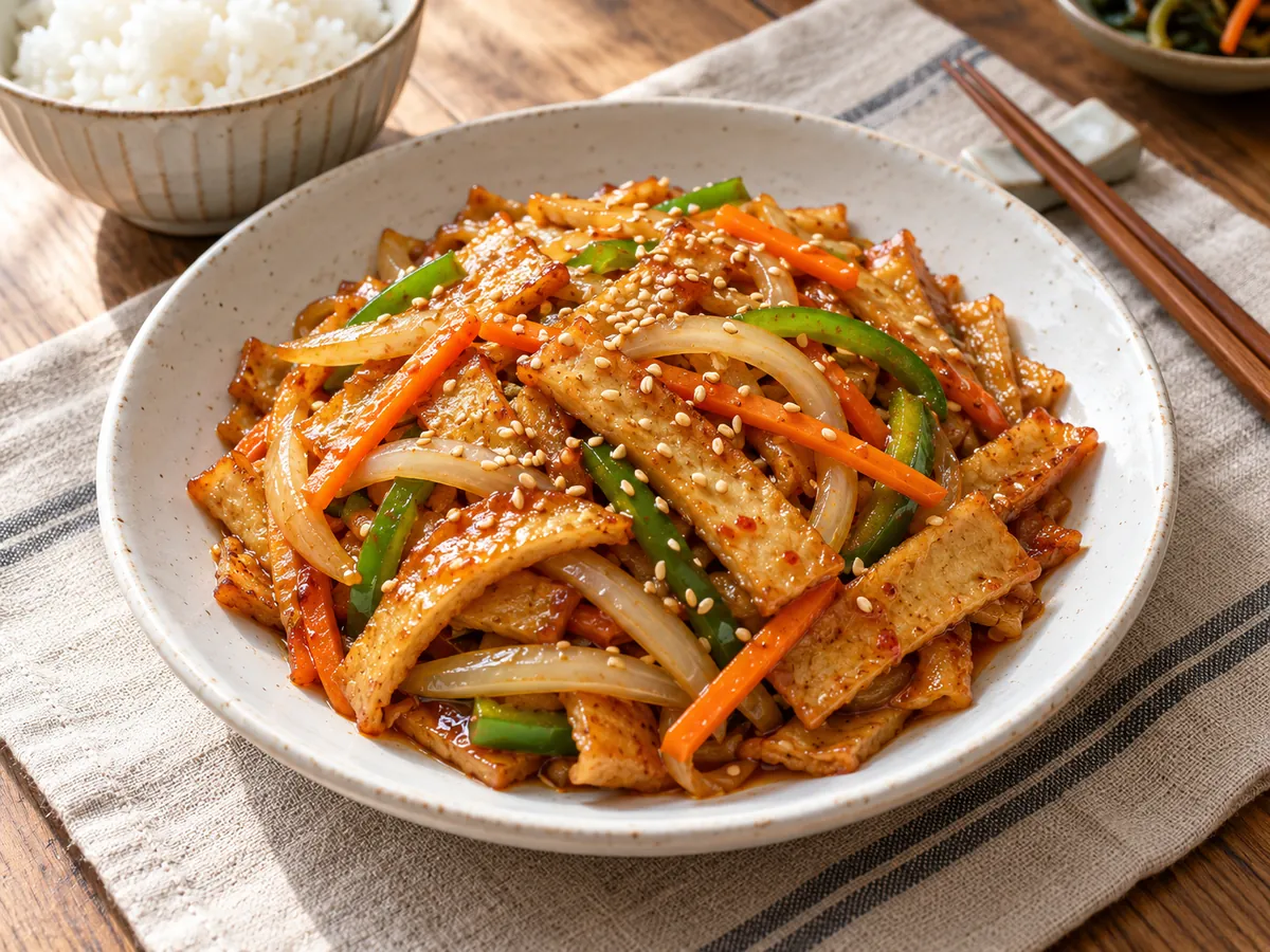 Stir-fried fish cakes in a white dish (AI illustration)