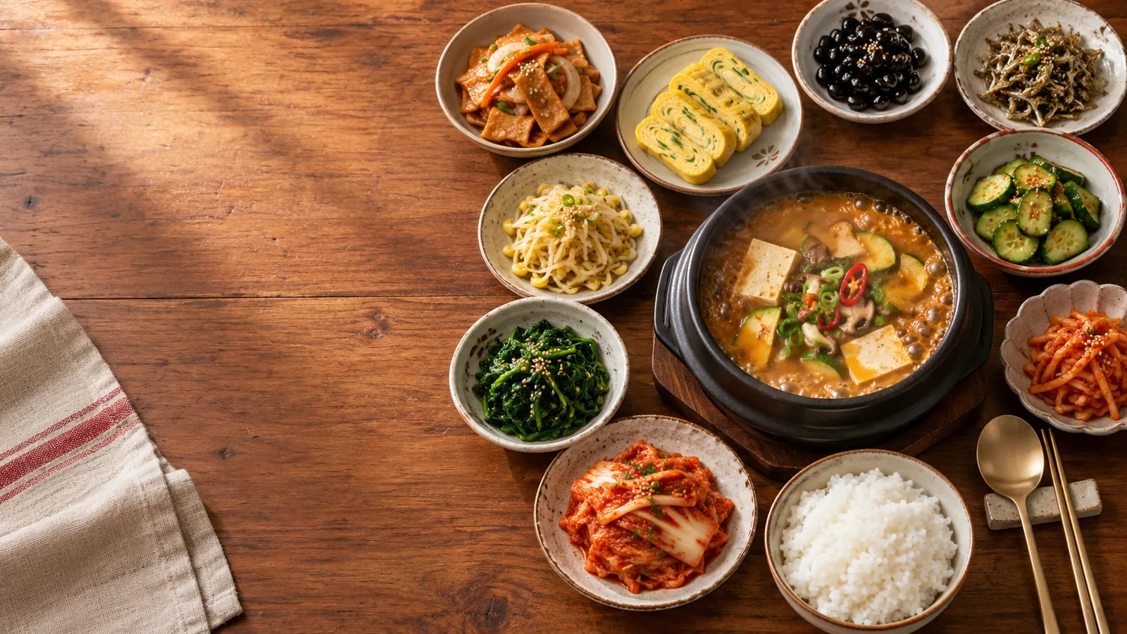 Korean home dinner table with rice, doenjang stew and banchan side dishes (AI illustration)